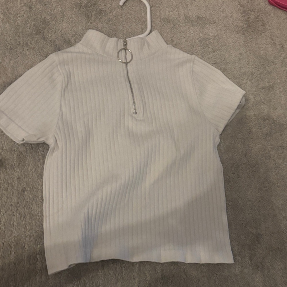 Kids White Ribbed Zip-Up Top